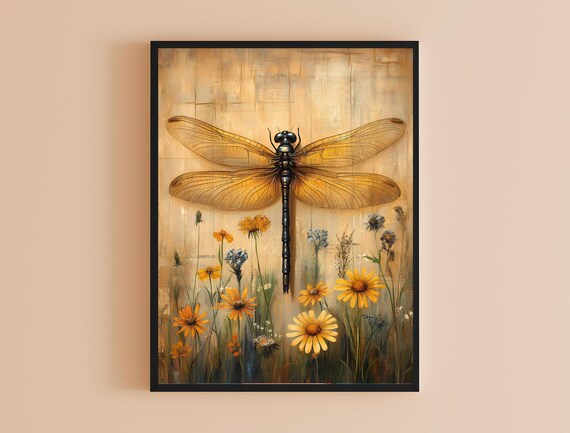 Vintage Aesthetic Decor Dragonfly Wall Art Art Nouveau Unique Botanical Artwork Nature Inspired Gift