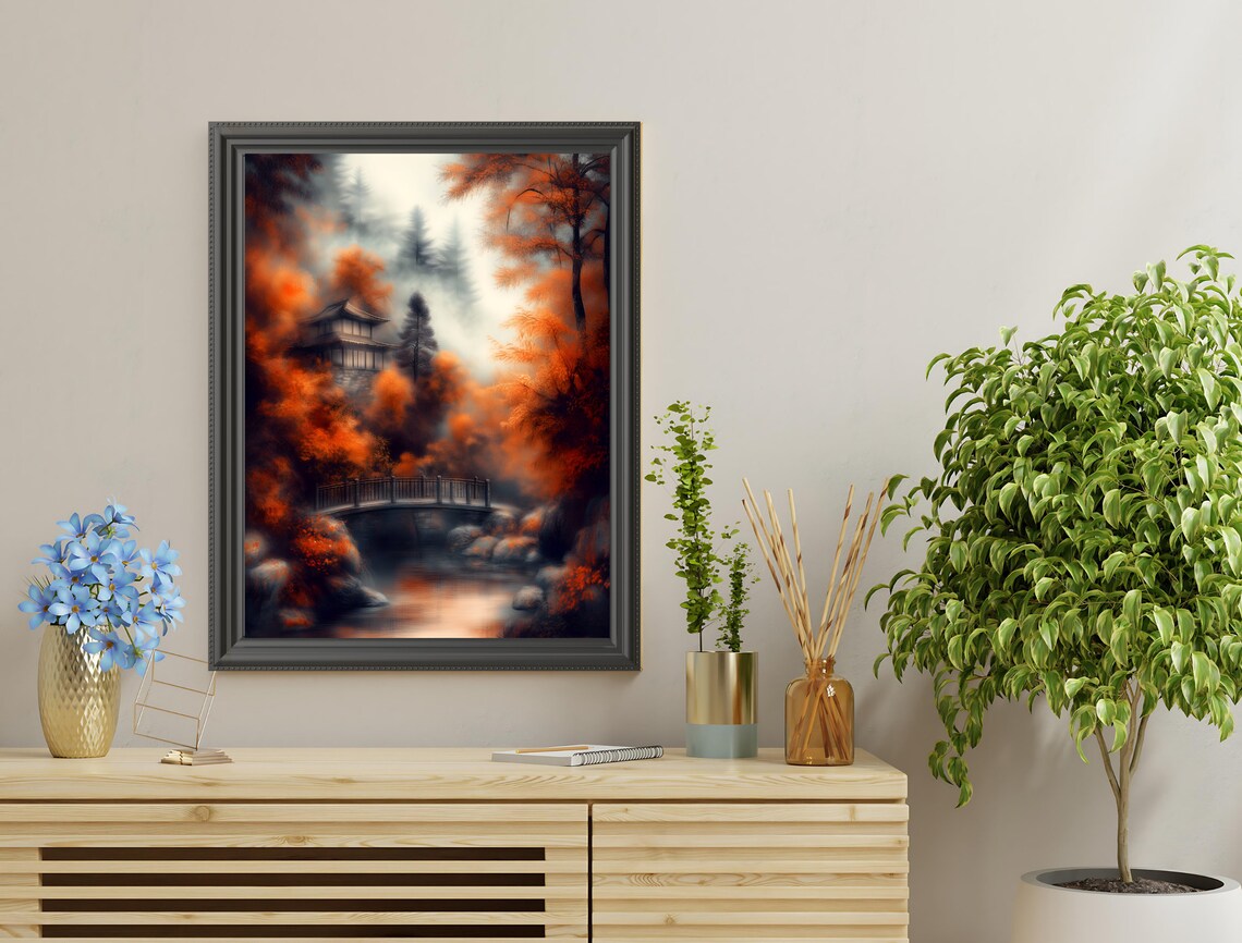 Japanese Pagoda Autumn Maple Misty Bridge Fall Landscape Art Poster - Image 3