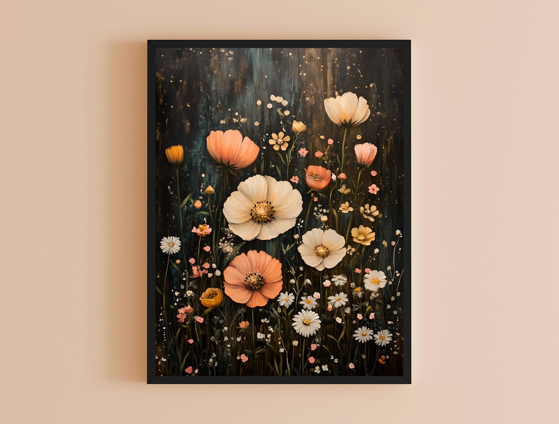 Wildflower Meadow Cream Cosmos Moody Dark Vintage Botanical Art Poster