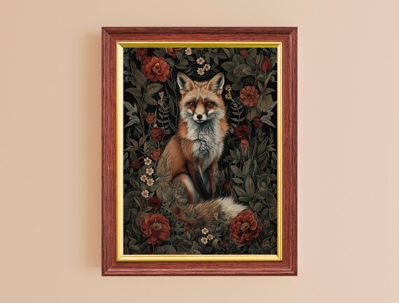 Red Fox Vintage Botanical Flower Garden Dark Morris Style Art Poster