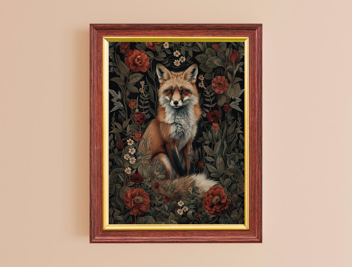 Red Fox Vintage Botanical Flower Garden Dark Morris Style Art Poster