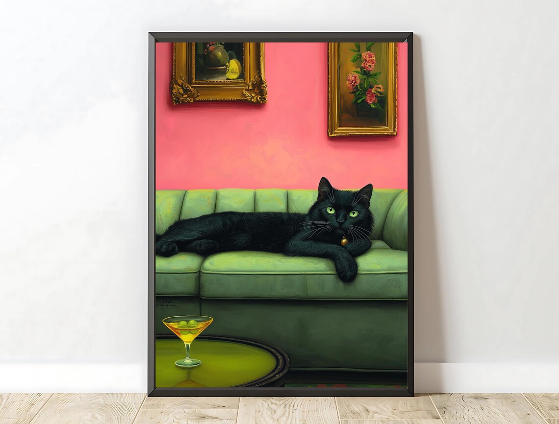 Black Cat Green Velvet Sofa Martini Retro Pink Midcentury Cat Art Poster