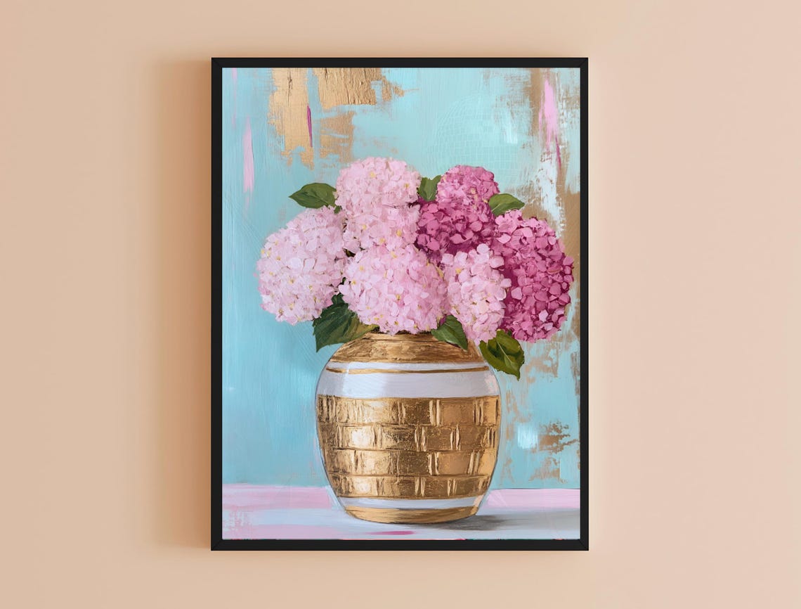 Hydrangea Bouquet Gold Textured Vase Blue Pink Maximalist Wall Art - Image 4