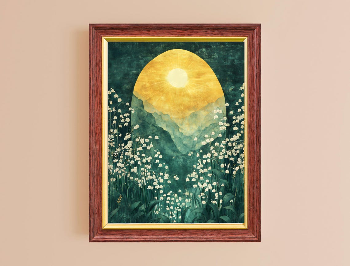 Misty Mountain Sunrise White Flower Field Dreamy Nature Poster - Image 2
