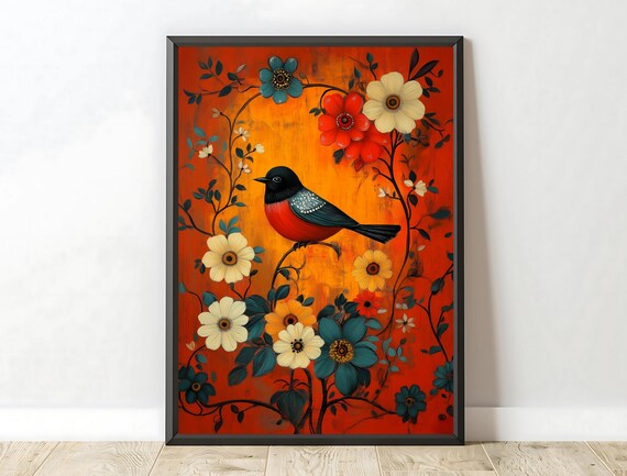 Dark Floral Art Moody Maximalist Vintage Print Large Bird Wall Hanging Wall Art For Living Room Mid Century Decor