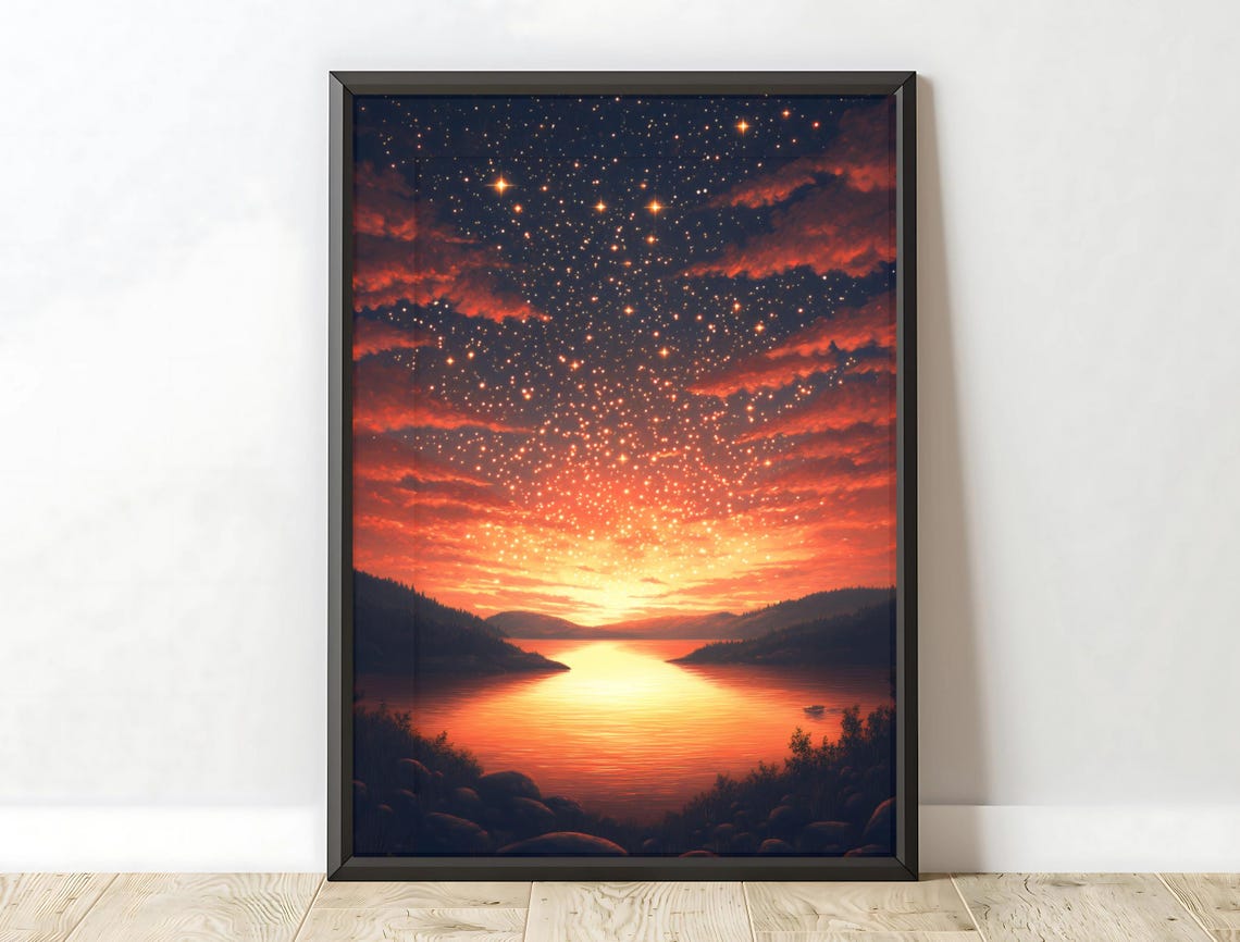 Fiery Sunset Lake Starry Sky Red Clouds Dramatic Landscape Wall Art