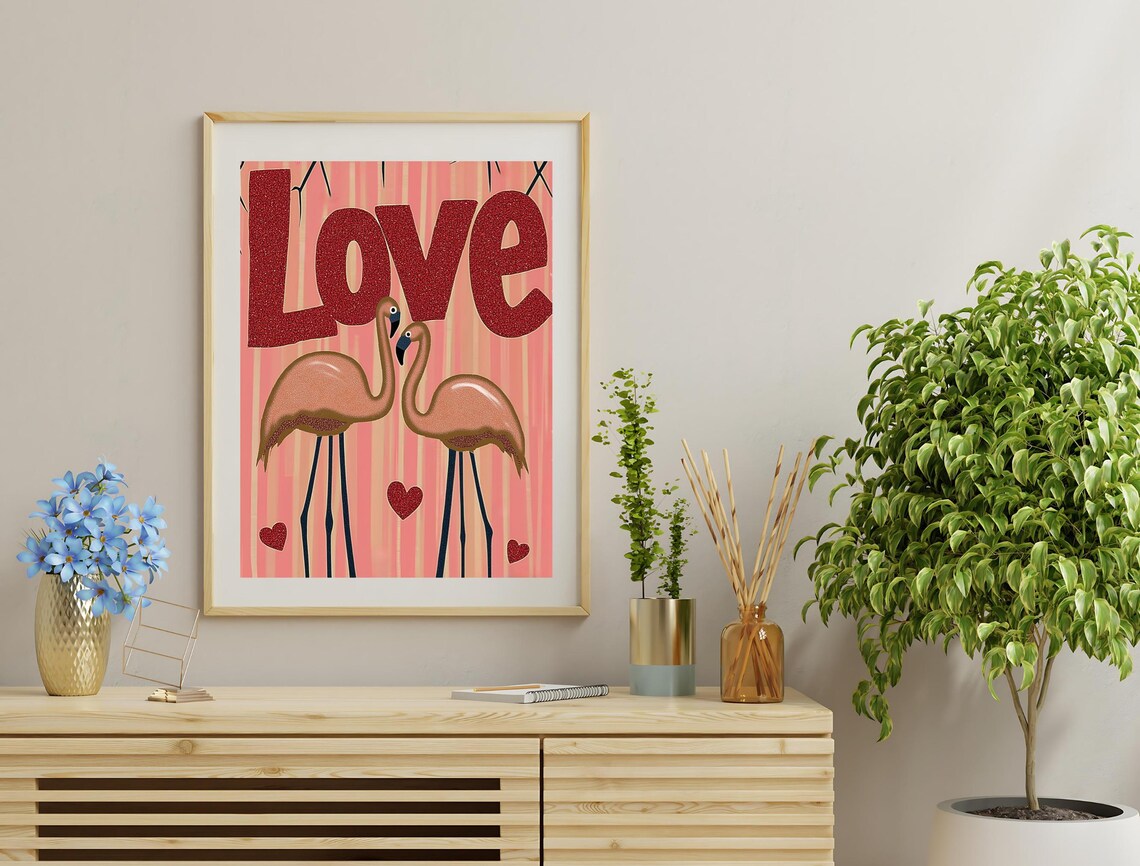 Love Flamingos Pink Hearts Glitter Typography Romantic Wall Art Poster - Image 3