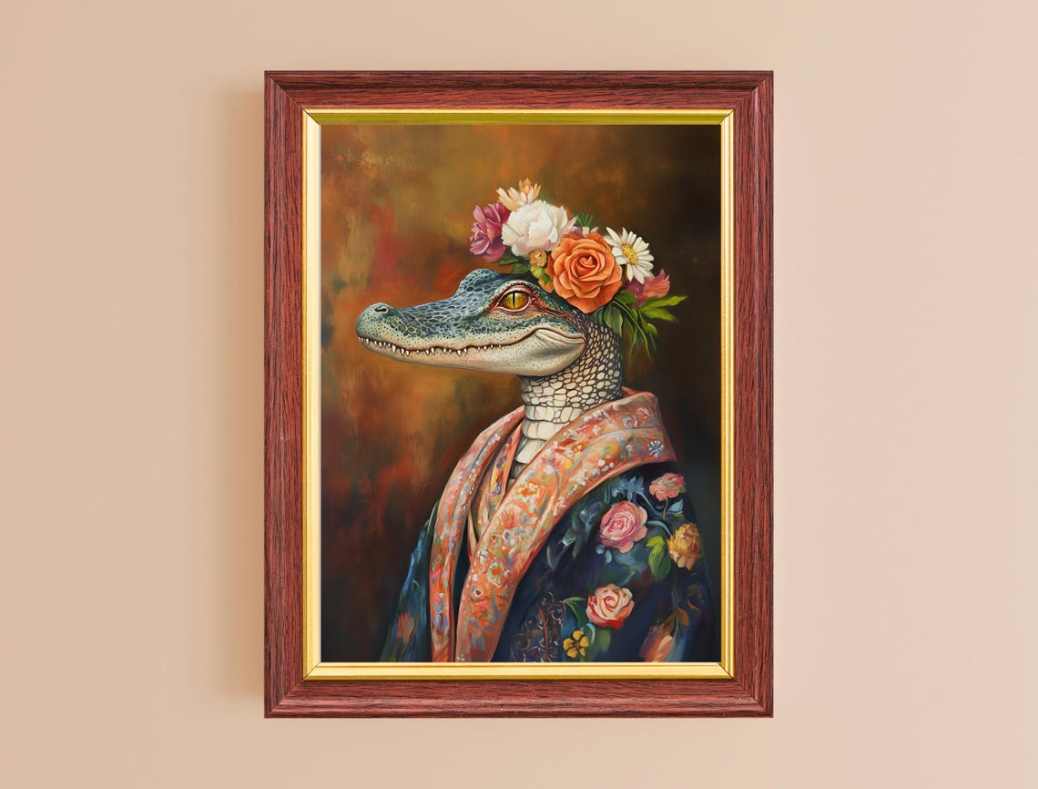 Alligator Flower Crown Floral Robe Regal Portrait Eclectic Art Poster