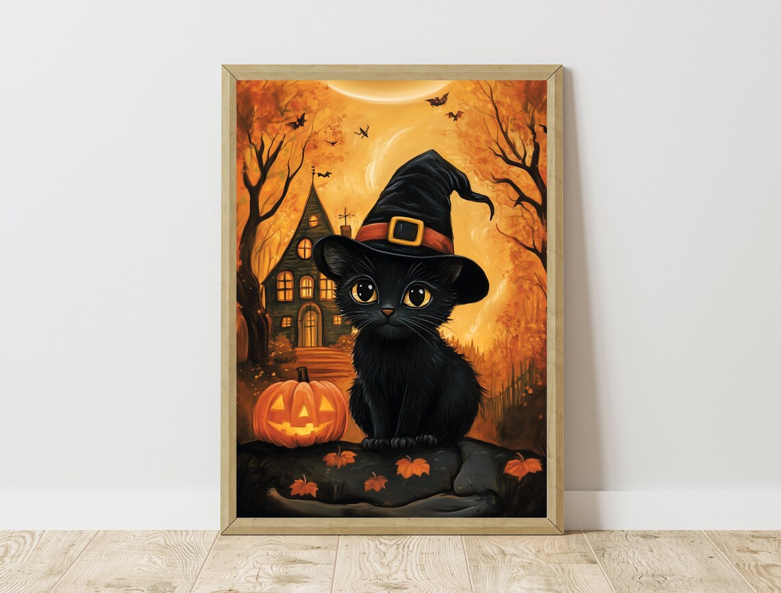 Cute Black Kitten Witch Hat Halloween Night Pumpkin Spooky Fall Art Print - Image 3