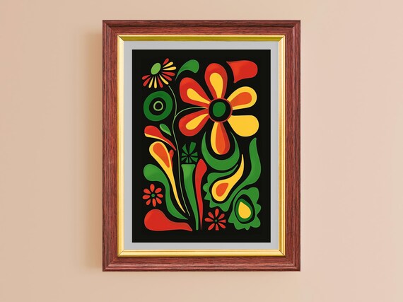 Bold Folk Floral Art Black Background Modern Matisse Style Wall Poster