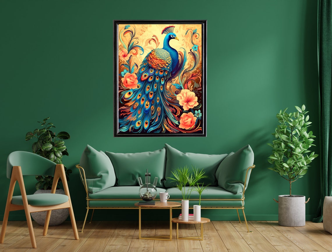 Art Nouveau Peacock Full Tail Teal Orange Floral Gold Poster - Image 2