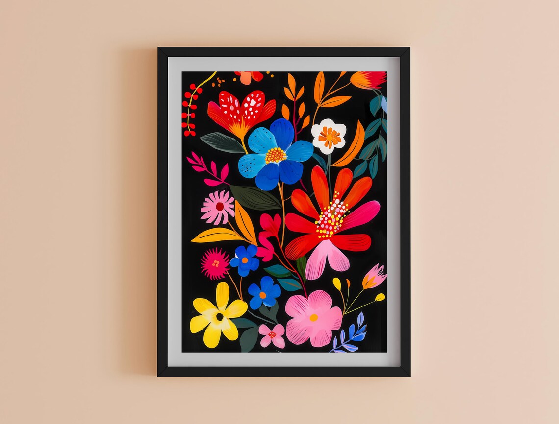 Modern Folk Floral Art Bright Flowers Black Background Maximalist Poster