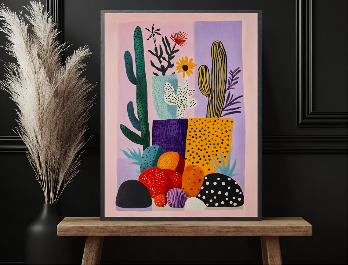 Colorful Cactus Succulent Still Life Playful Pink Lavender Art Print - Image 4
