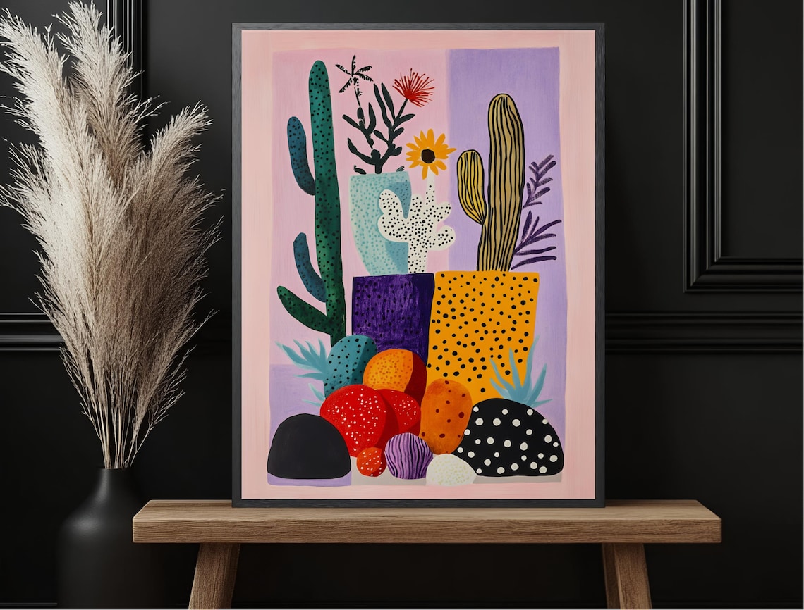 Matisse Style Cactus Succulent Colorful Still Life Pink Purple Print