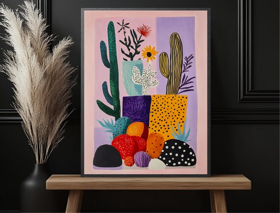 Matisse Style Cactus Succulent Colorful Still Life Pink Purple Print