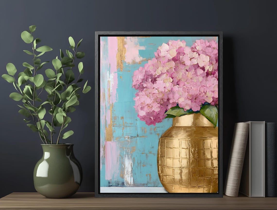 Blush Hydrangea Gold Vase Turquoise Pink Abstract Floral Art Poster - Image 6