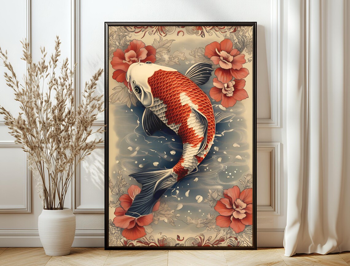 Red White Koi Fish Hibiscus Flowers Japanese Tattoo Style Art Print