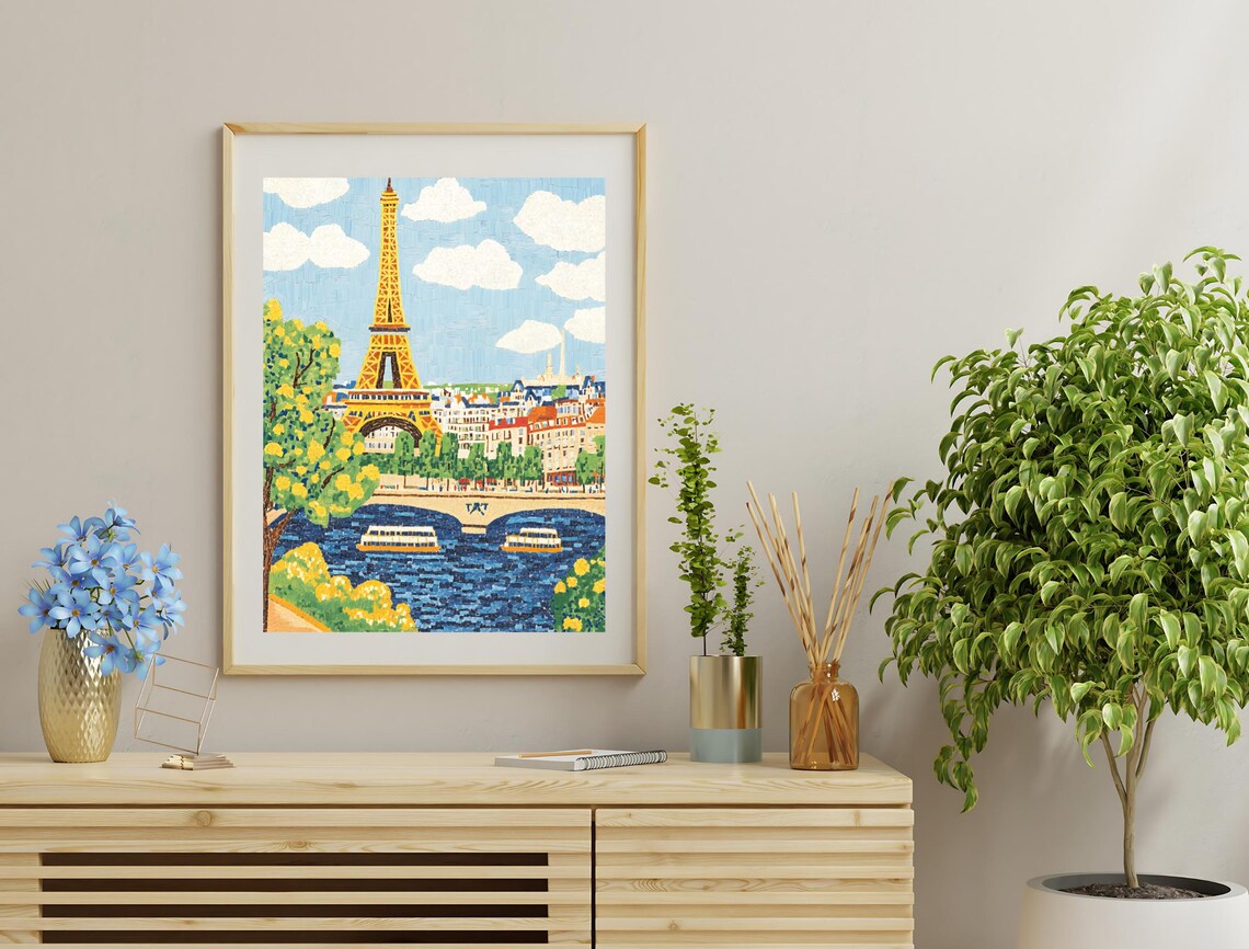 Paris Eiffel Tower Seine River Illustrated Cityscape Art Travel Poster - Image 3
