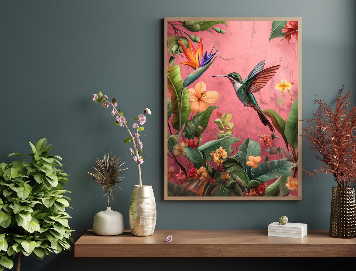 Hummingbird Bird of Paradise Pink Tropical Flower Garden Print - Image 4