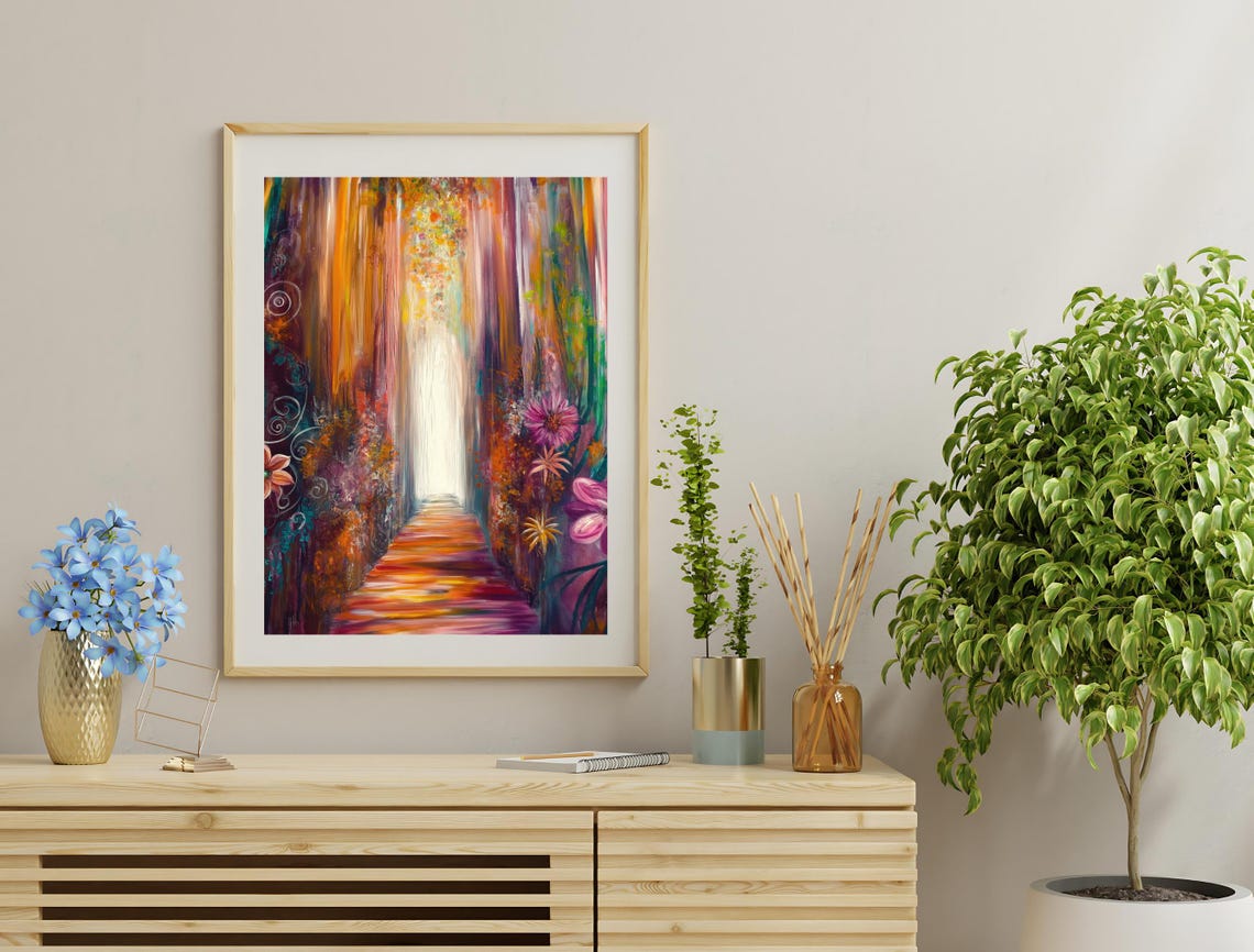 Colorful Abstract Forest Path Glowing Light Maximalist Wall Art Print - Image 3