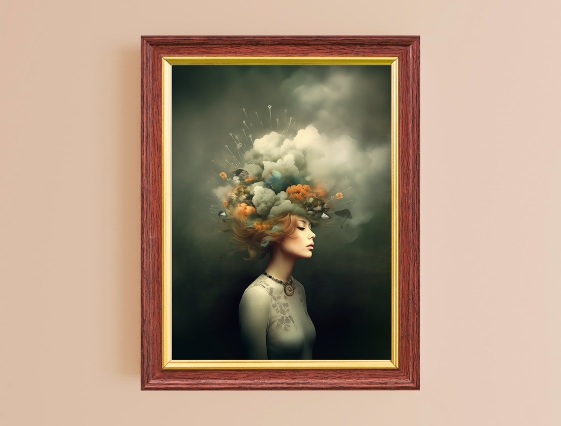 Surreal Woman Cloud Explosion Portrait Art Deco Dark Maximalist Poster
