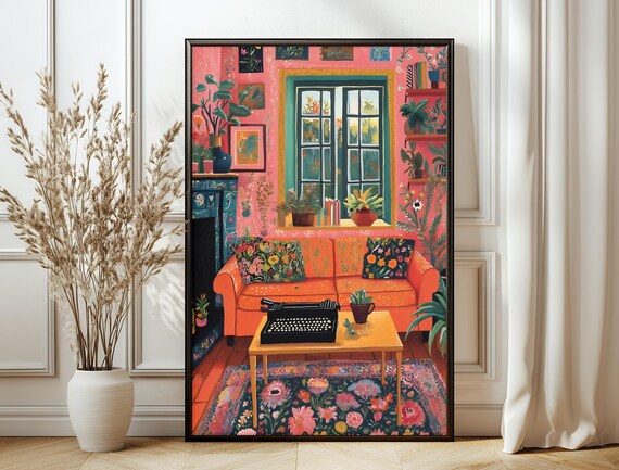 Colorful Maximalist Living Room Interior Orange Sofa Typewriter Art Print