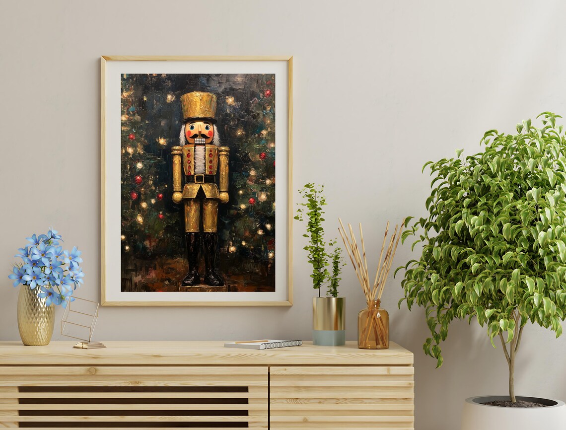 Golden Nutcracker Soldier Christmas Tree Vintage Moody Oil Art Poster - Image 3