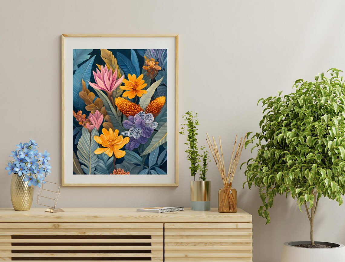 Tropical Floral Pink Lotus Yellow Blooms Blue Leaves Maximalist Print - Image 3