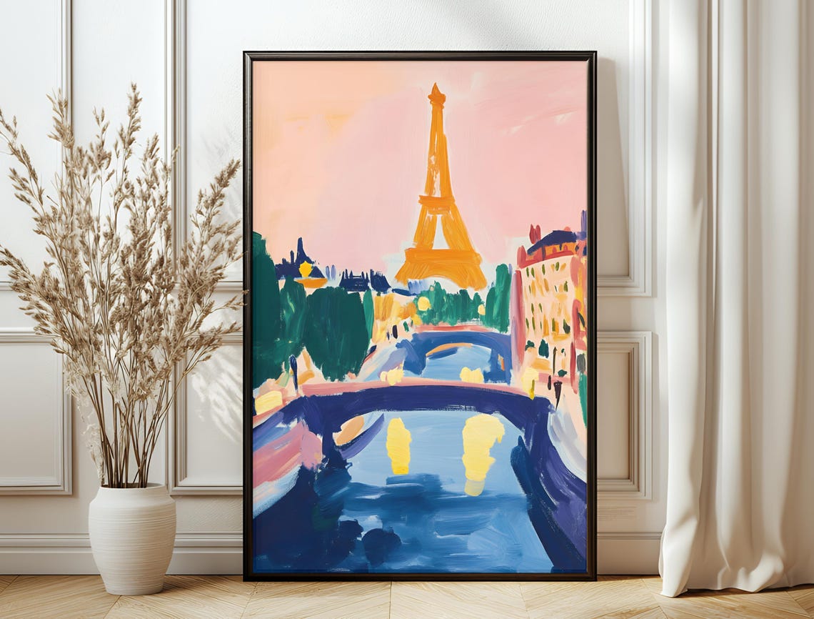 Paris Eiffel Tower Pink Sunset Seine Bridge Abstract Colorful Poster