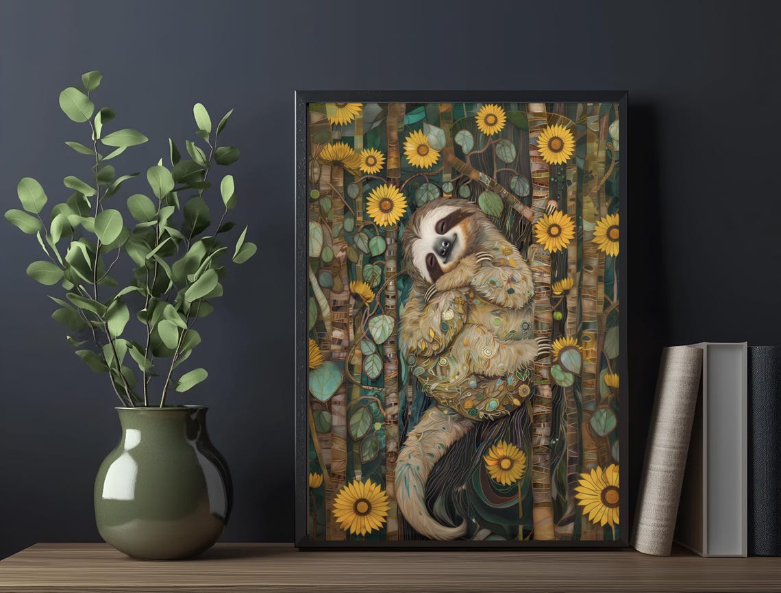 Sleeping Baby Sloth Sunflowers Illustrated Nursery Animal Art Poster - Image 6
