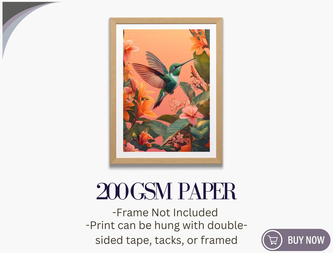 Hummingbird Orange Tropical Flowers Peach Background Nature Art Poster - Image 5