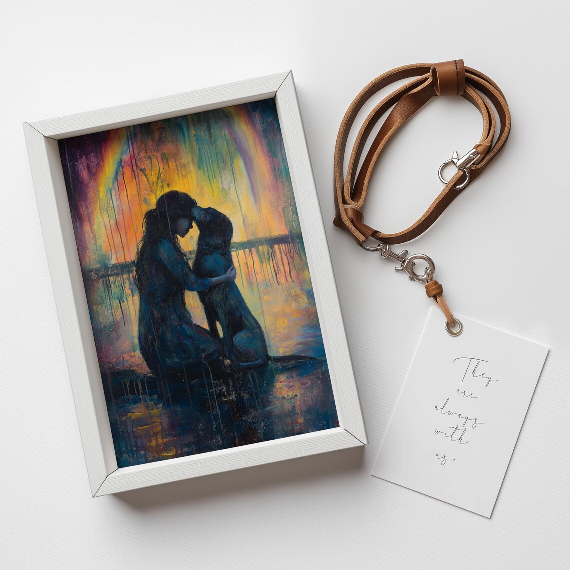 Woman Hugging Dog Under Colorful Rainbow Pet Remembrance Art Print - Image 2