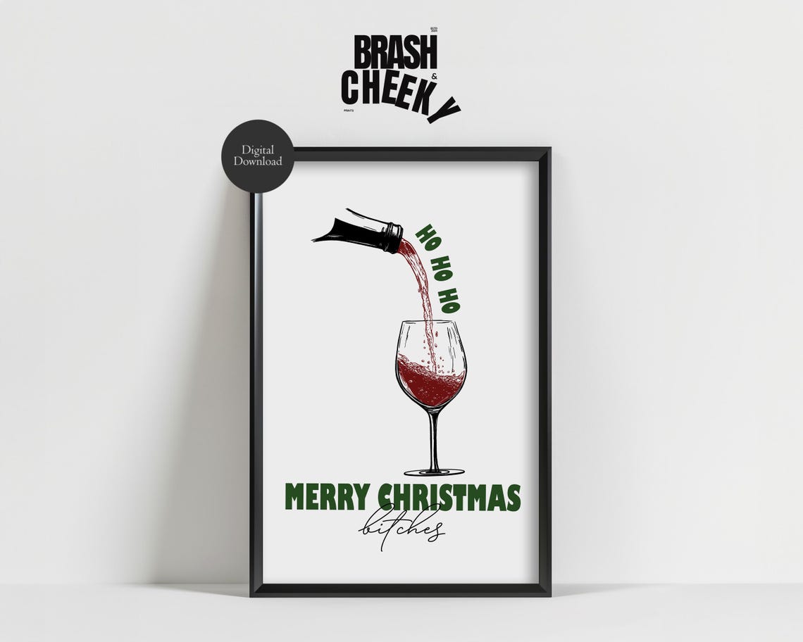 Merry Christmas Wine Glass Pouring Funny Holiday Bar Decor Wall Art - Image 2