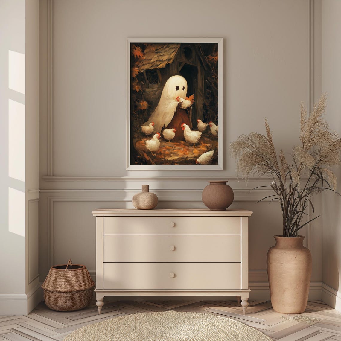 Ghost with Chickens at Chicken Coop Cute Farm Halloween Fall Wall Art - Image 3