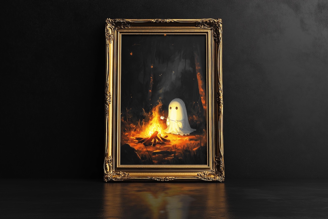 Cute Ghost Roasting Marshmallow Campfire Night Halloween Decor Wall Art - Image 3