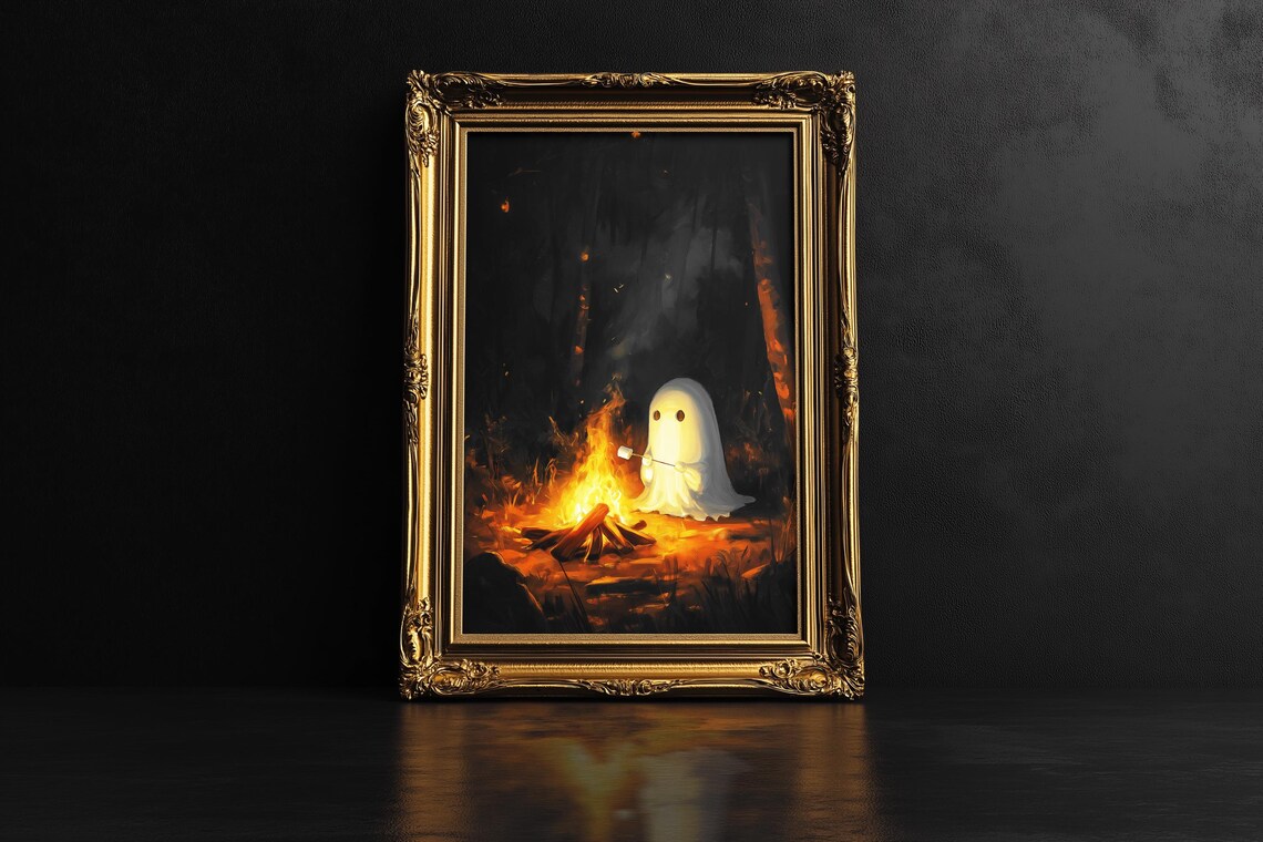 Ghost Roasting Marshmallows By The Campfire Fall Ghost By The Fire Print Cute Ghost Roasting Marshmallows Halloween Art - Image 3
