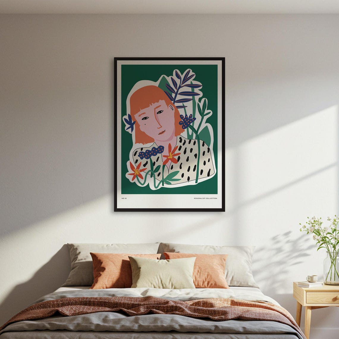 Red Haired Woman Floral Illustration Green Minimalist Art Poster