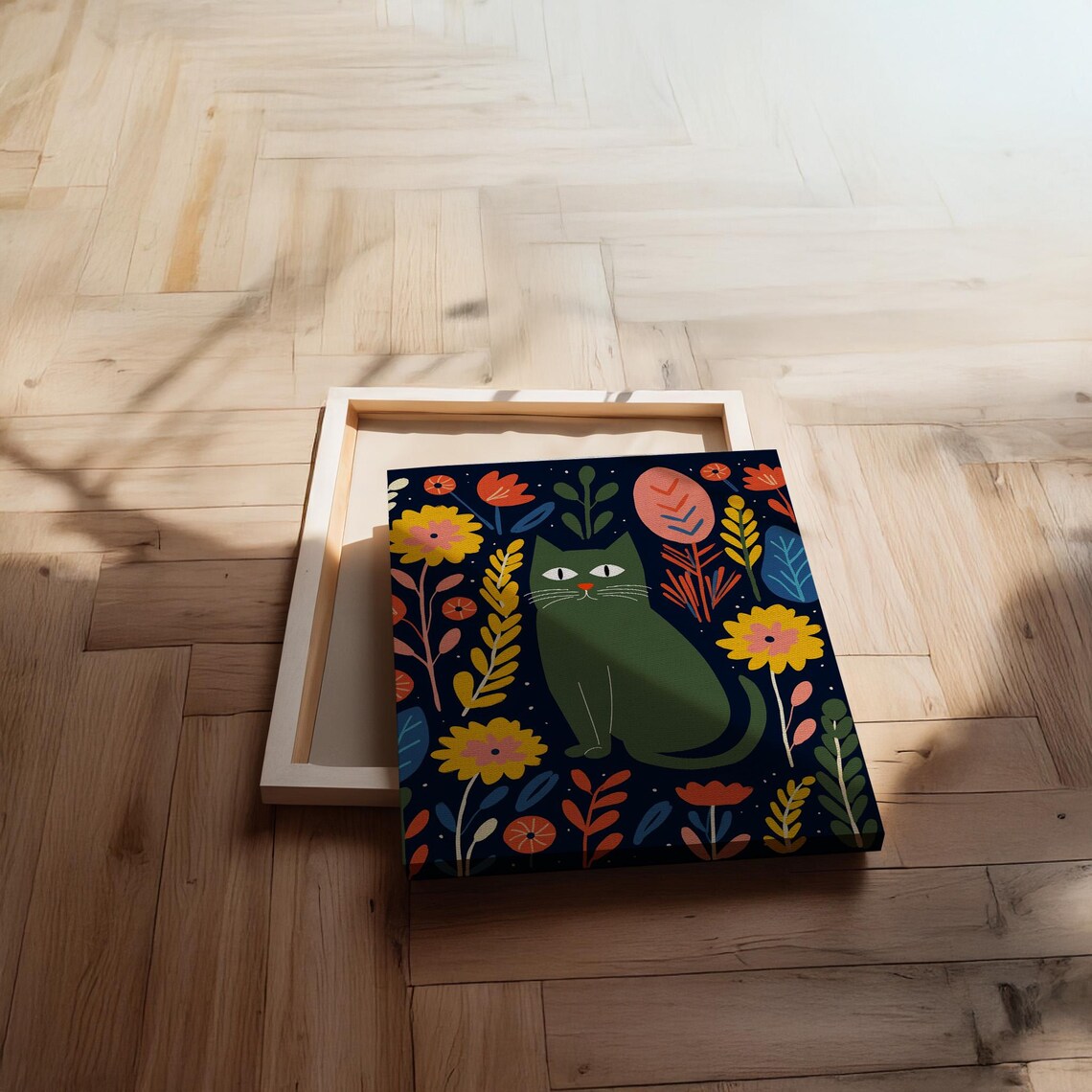 Whimsical Green Cat Colorful Floral Feline Midnight Garden Art Poster - Image 2