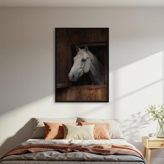 White Horse Poster Stable Window Rustic Equine Art Print Farmhouse Animal Wall Elegant Moody Decor