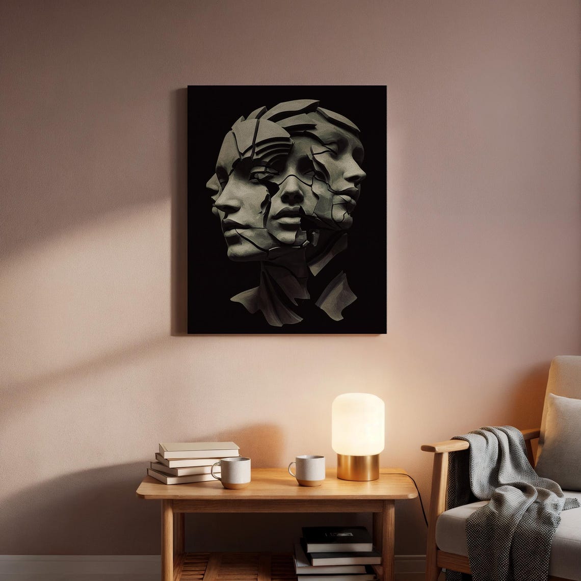 Gothic Human Sculpture Surreal Stone Framed Abstract Art Shattered Face Print Gray Canvas Decor Unique Wall Gift Modern - Image 2