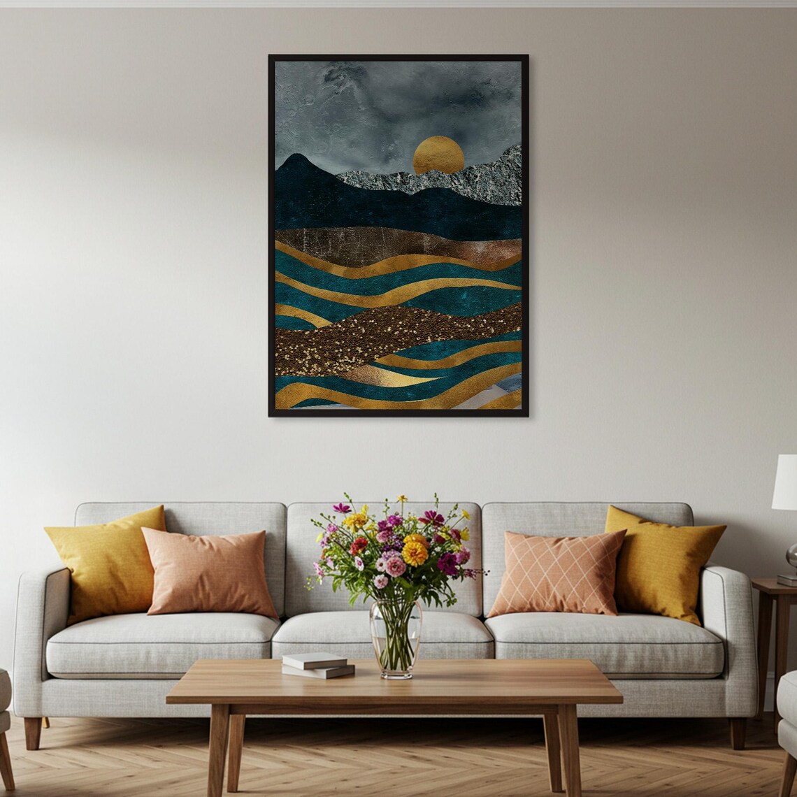 Teal and Gold Ocean Waves Golden Moon Abstract Seascape Poster - Image 2