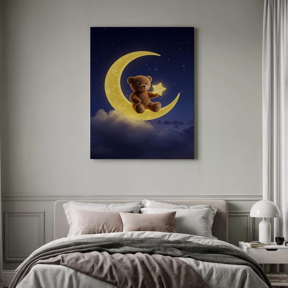 Teddy Bear On Moon Cute Nursery Wall Art Print Framed Kids Room Decor Sleepy Star And Clouds Canvas Whimsical Baby Shower Gift