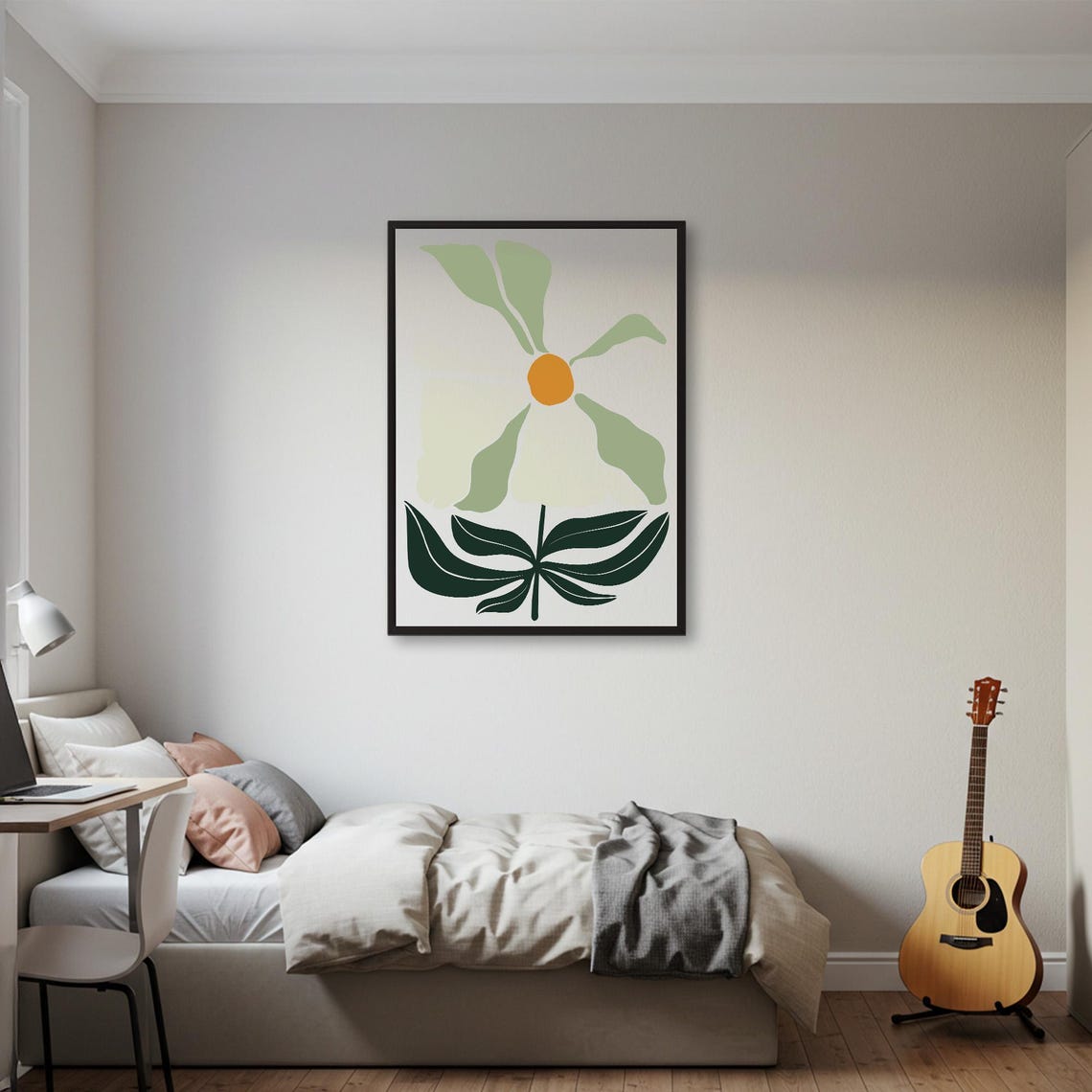 Sage Green Abstract Flower Mustard Center Modern Botanical Poster - Image 2