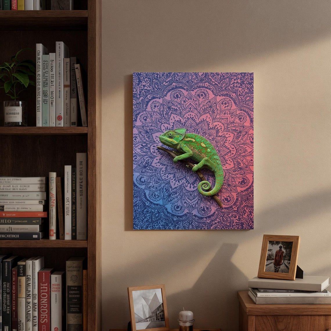 Green Chameleon on Branch Mandala Boho Spiritual Wildlife Poster - Image 3