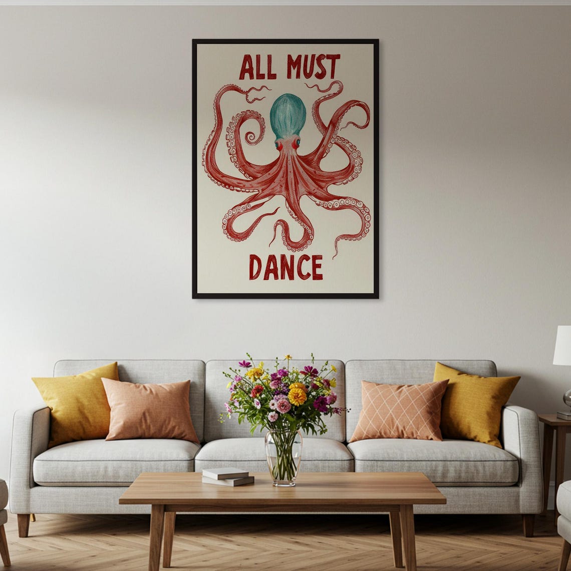All Must Dance Red Octopus Nautical Funny Quirky Animal Art Poster - Image 2