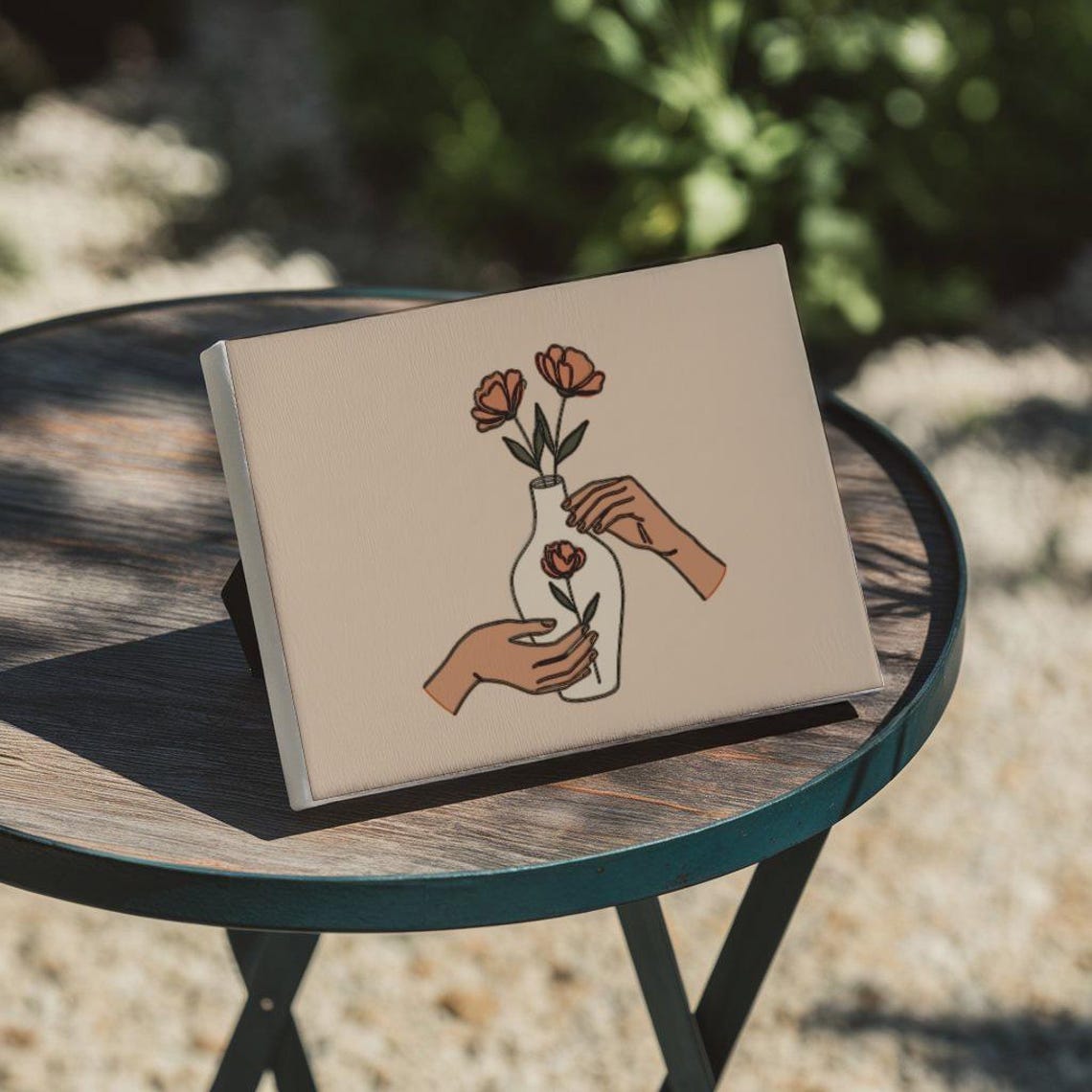 Minimalist Hands Holding Vase Flowers Peach Line Art Style Poster - Image 2
