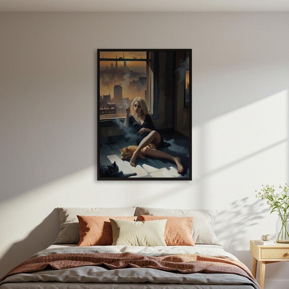 Woman Smoking by Window with Cats Sunset City Noir Art Poster