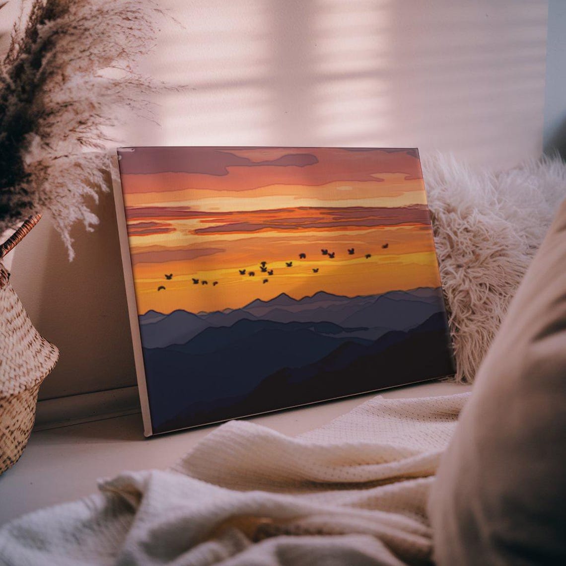 Mountain Sunset Flock of Birds Orange Sky Layered Ridge Poster