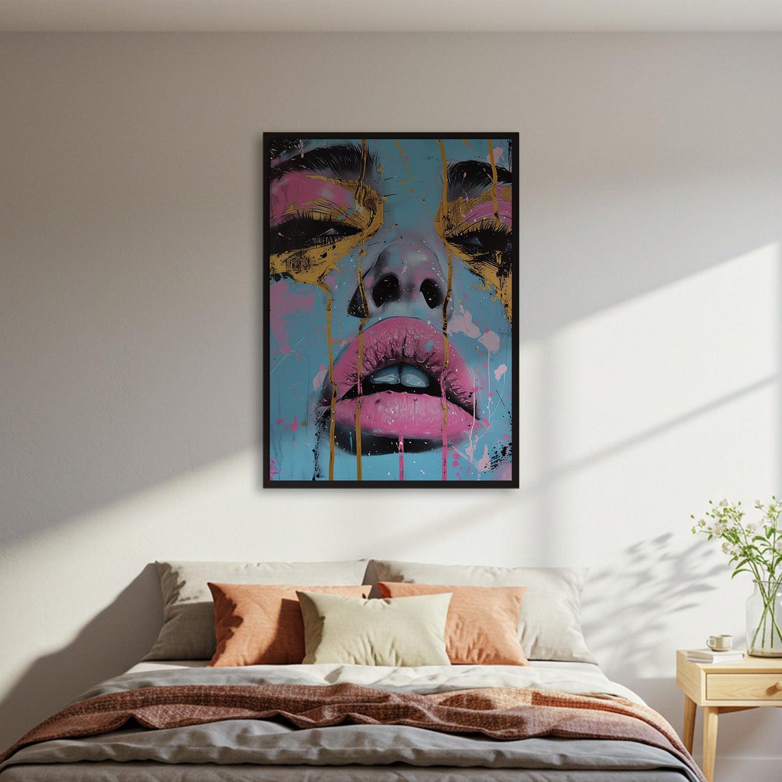 Pop Art Woman Face Blue Pink Graffiti Abstract Portrait Poster