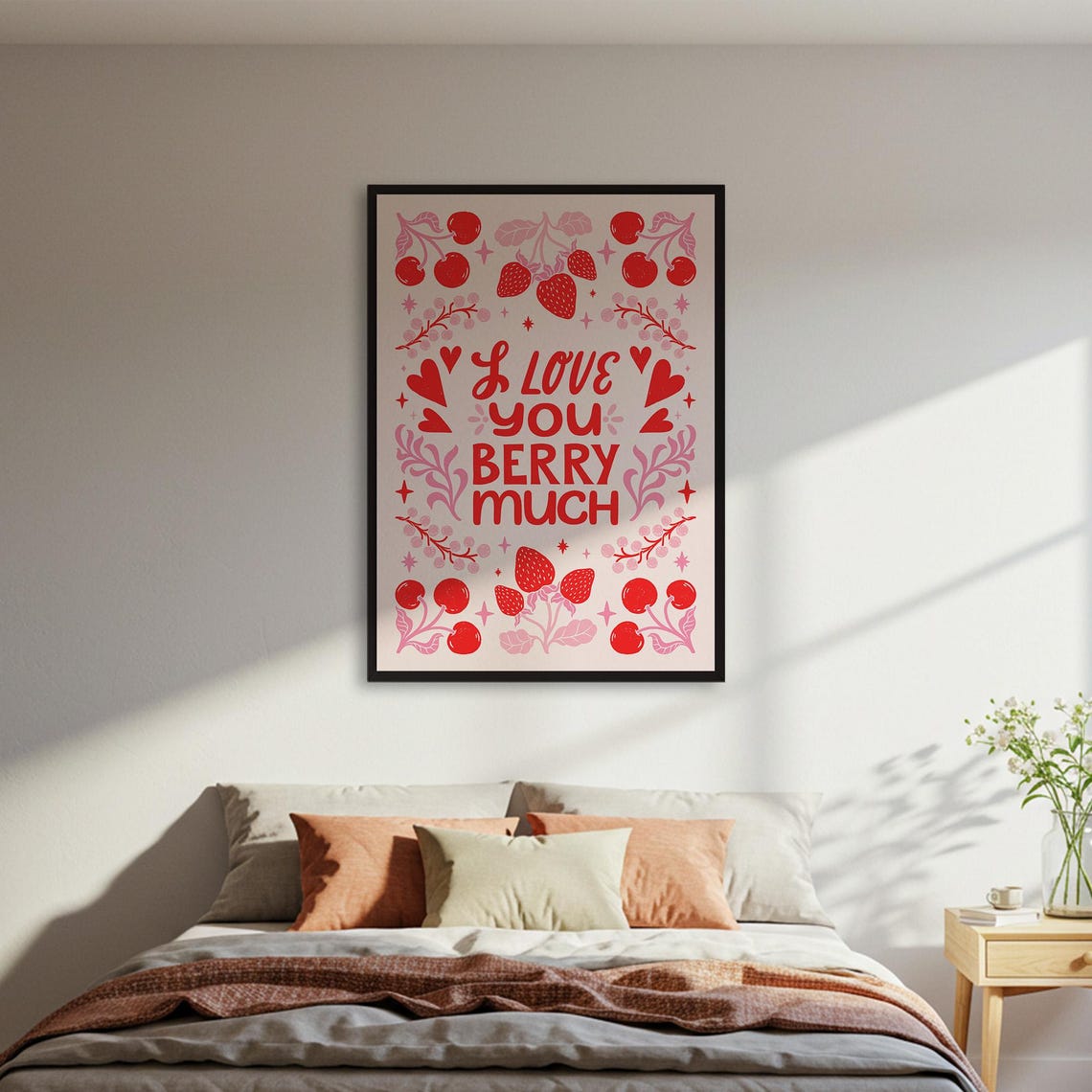 I Love You Berry Much Strawberry Cherry Pun Typographic Poster